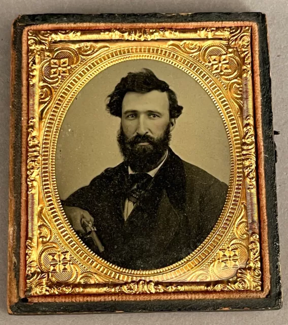 Man With Derringer Gun, 1/6 Plate Ambrotype (Not Daguerreotype), Full Beard