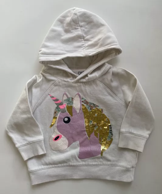Cotton On baby girl size 12-18 months white hooded jumper sequin unicorn, GUC