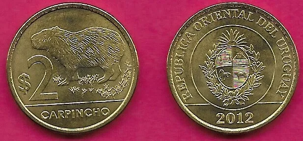 URUGUAY 2 PESOS 2012 UNC CAPYBARA,CARPINCHO,Coat of arms,surrounded by country n