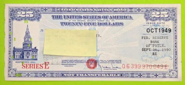 Oct 1949- $25 US Savings Bond Series E Independence Hall Philadelphia Punch Card