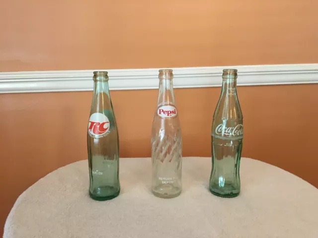 Lot of 3 Vintage soda Bottles Pepsi, Coke, RC Cola - Free Shipping