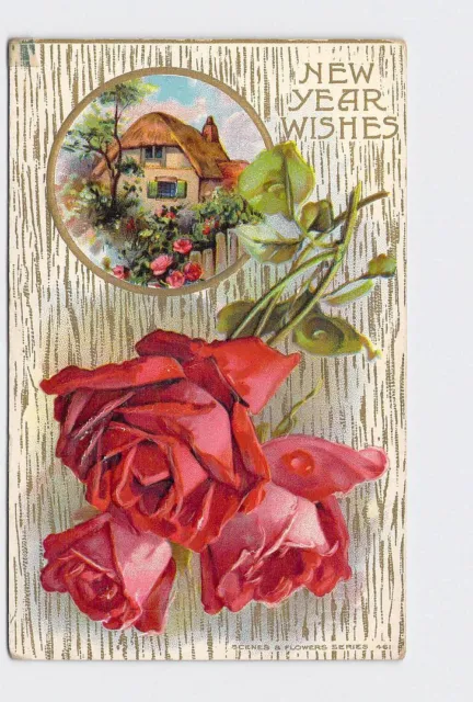 Holiday Postcard New Year Wishes Roses Cottage Embossed