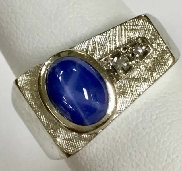 14K White Gold Linde Star Sapphire & Diamond Ring Size 8.25