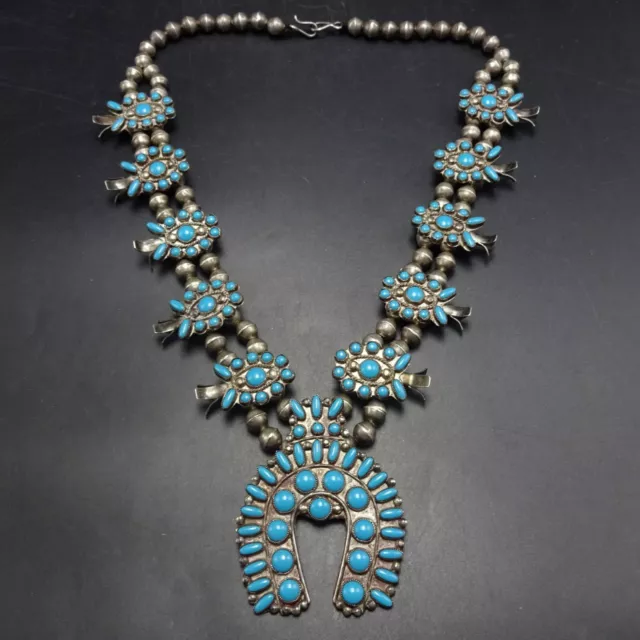 Rare 1920s OLD PAWN SQUASH BLOSSOM NECKLACE with Blue Hubbell Glass Cabochons