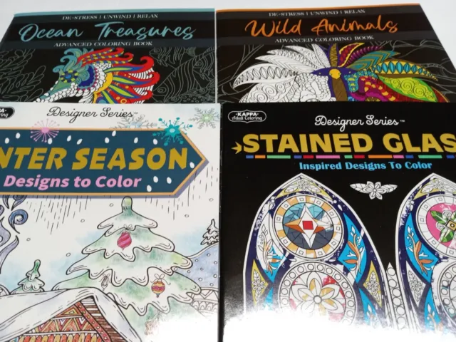 4 Adult Coloring Books Wild Animals -Ocean Treasures -Stained Glass FREE SHIP