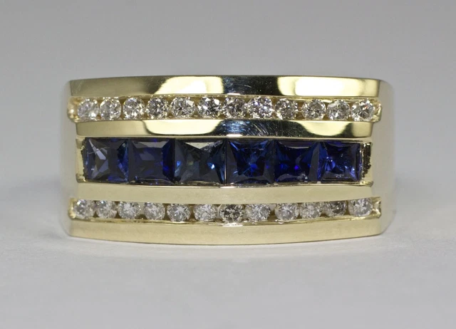 1.46 Ct Natural Blue Sapphire Solid 14k Yellow Gold Real Diamond Men's Ring