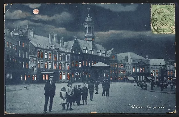 CPA Mons, vue de la rue avec des enfants bei Nacht 1905