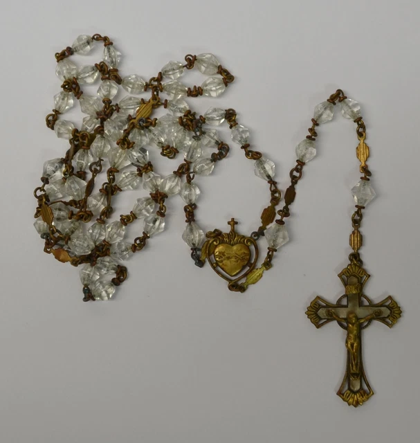 Antique molded clear glass and brass Sacred Heart Catholic Rosary