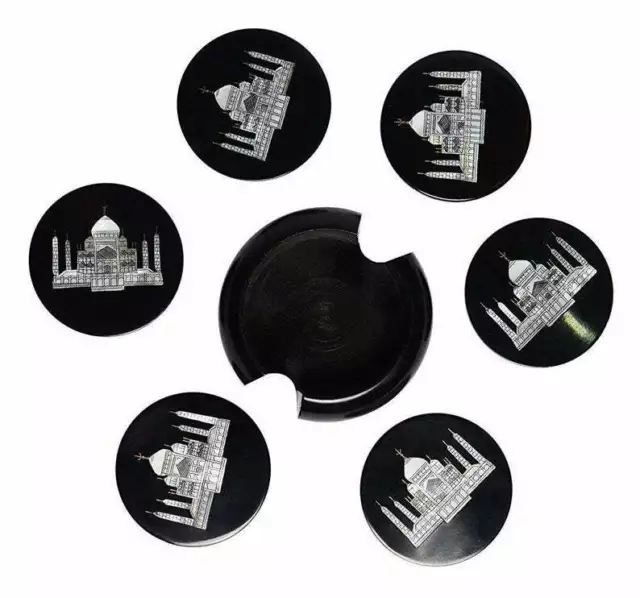 Black Marble coaster Set Inlay semi precious stones Work Home decor 2