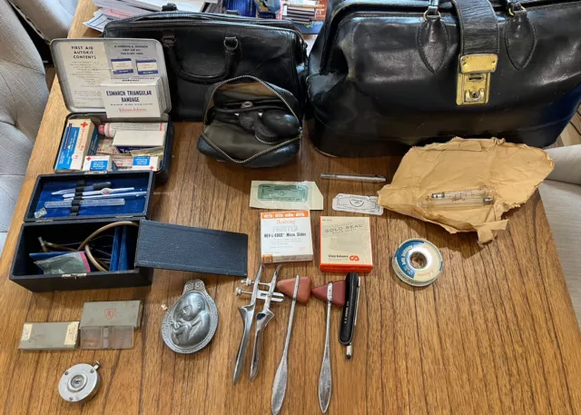 Vintage Medical Doctor MD Bags and Contents Colorado Springs Obstetrician 1950s