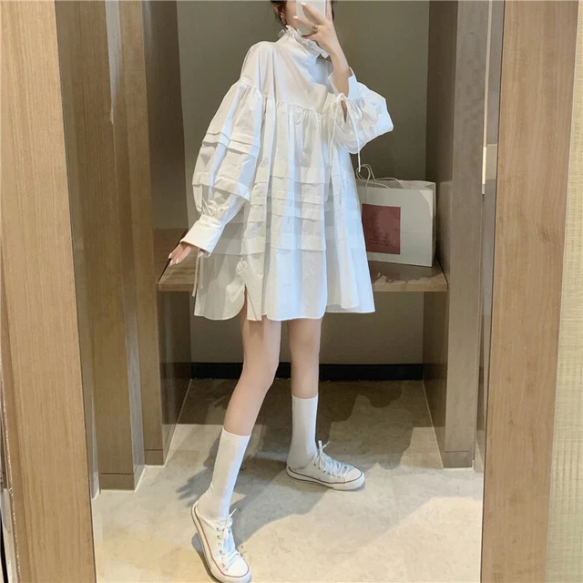 Women Girl Long Shirt Blouse Top Dress Puff Sleeve Lolita Vintage Loose Cute
