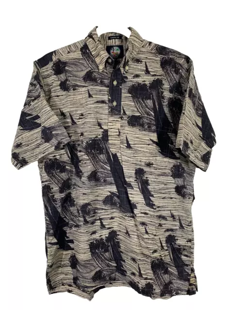 Reyn Spooner Mens Short Sleeve Hawaiian Henley Shirt Reverse Print Gray Sz S