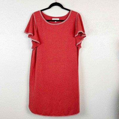 Max Studio Weekend Dress Size XL Red Womens Embroidered Flutter Sleeve Stretch