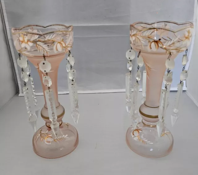 Pair Antique Peach  Glass Mantle Lusters Flowers Gold Accents French Cut Prisms