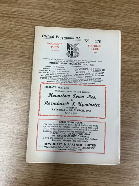 Hounslow Town Res v Hornchurch & Upminster Res 7th Mar 1964