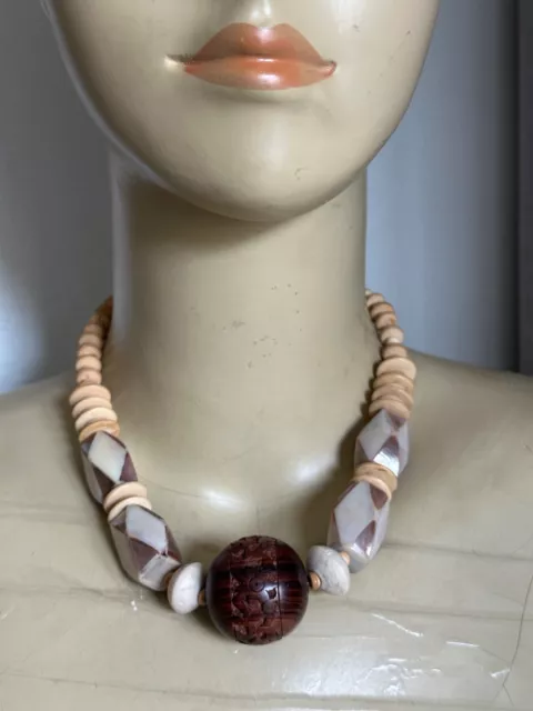 Superb French Vintage Designer Necklace - Wood bead carved, Mother of Pearl 17"
