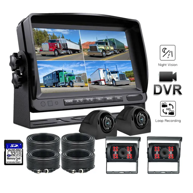 9" QUAD SPLIT MONITOR SCREEN 4x REAR VIEW BACKUP CCD CAMERA SYSTEM FOR TRUCK BUS