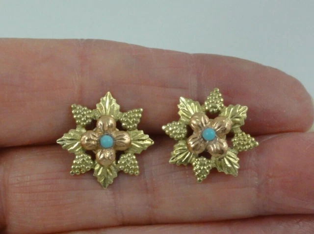 Black Hills 10k Gold Tri-Color Leaf 5/8" Resin Bead Faux Turquoise Stud Earrings