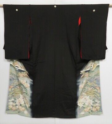 0908i10z600 Vintage Japanese Kimono Silk TOMESODE Black Scenery