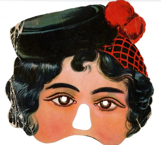 Antique Victorian Die Cut & embossed fancy dress mask lady & hat 1880s #51 rare