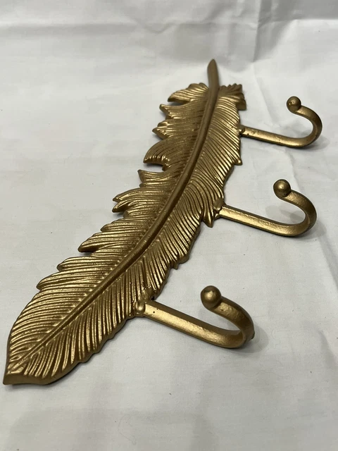 Gold Painted Solid Metal Large 14" Feather Coat Hat Hanger Wall Hanging 3 hooks