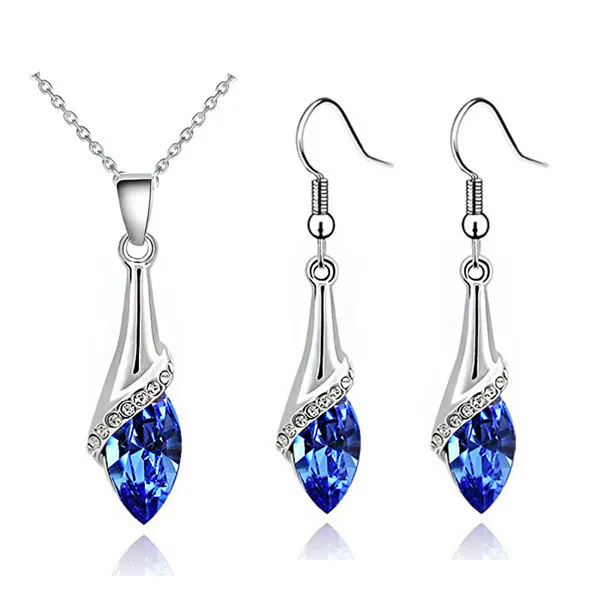 Elegant Silver Dark Blue Crystal Eye Jewellery Set Drop Earrings Necklace S862