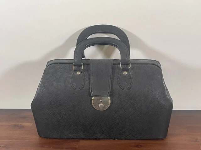 Vintage Black Textured Leather Cow Skin Hide Doctor’s Bag Medical Case 14.5"