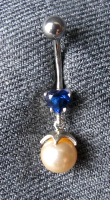 Blue crystal heart silvered metal faux pearl dangle belly button jewelry  #26