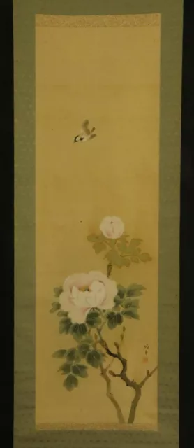 JAPANESE HANGING SCROLL ART Painting "Bird and Flower" Asian antique  #E5342