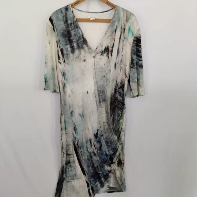 Helmut Lang Size Large Body Con Dress V Neck Side Ruching Shades Of Denim Blues