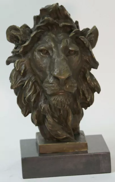 100% Solid Bronze Male Lion Head Bust by Miguel Lopez Sculpture Figurine Decor