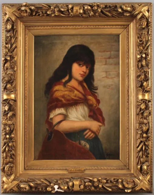 Antique 19thC Signed Genre Portrait Young Neapolitan Italian Girl Oil Painting