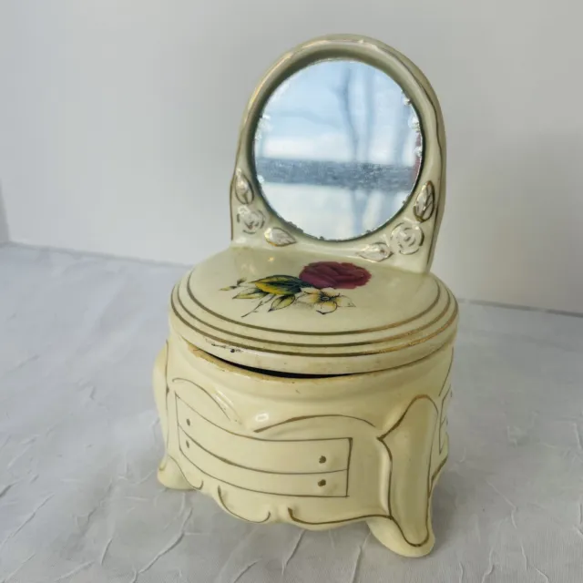 Vintage Jewelry Trinket Box Floral Dresser With Mirror Ring Vanity Ceramic Japan