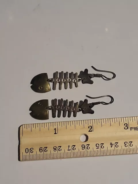 Vintage Mexican Sterling Silver Earrings Fish Bones Tail TAXCO Stamped 925,