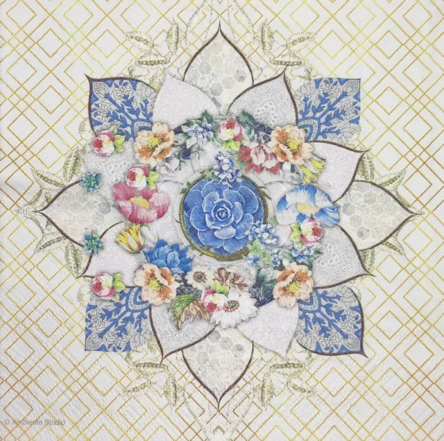 N004# 3x Single Paper Napkins For Decoupage Craft Tissue Flowers Mandala on Grey