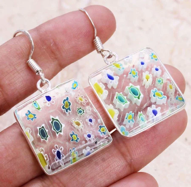 Dichroic Glass 925 Silver Plated Handmade Earrings of 1.5" Ethnic Gift