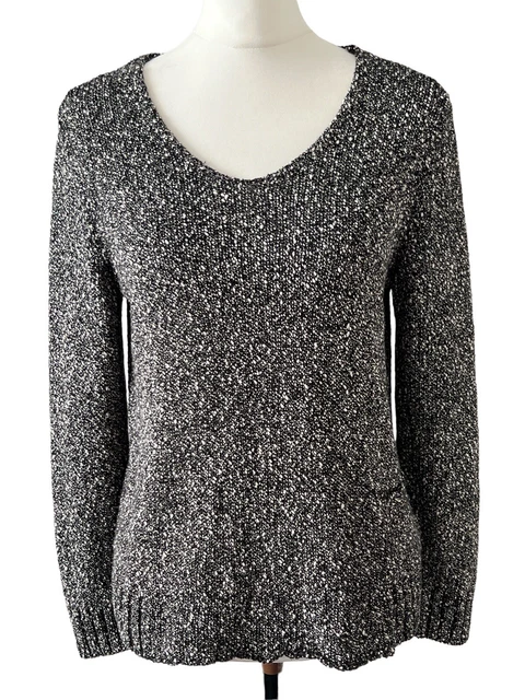 Eileen Fisher Pullover Damen Größe M Popcorn Strick Baumwolle schwarz weiß langarm