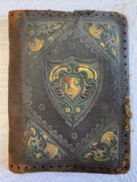 Antique Embossed Leather Bible/Book Covers Hand Tooled Sea Horse in Crest Italy