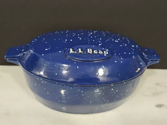 Vintage Ll Bean Blue/White Speckled Enameled Cast Iron Oval Roaster