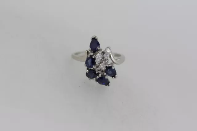 14K WHITE GOLD Diamond Sapphire Cocktail Ring - Size 6.75 (10082208-1 ...