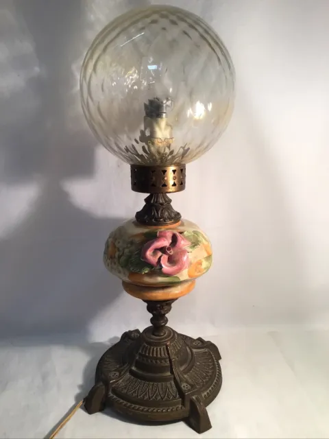 Lampe Électrique Ancienne Imitation Lampe A Pétrole En Ceramique Metal Et Verre