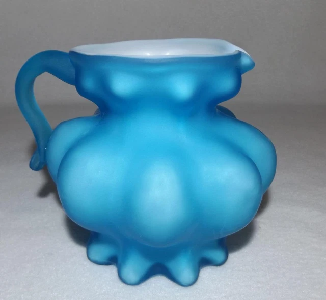 Fenton Cased White With Blue Overlay Pitcher Creamer Vase Melon Applied Handle