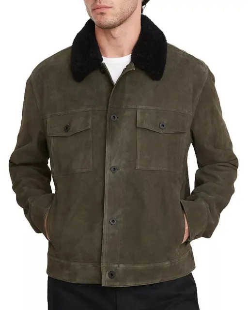 NWT VINCE $1250  Men's Green Goat Leather Trucker Jacket Coat Size LARGE