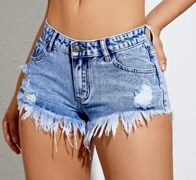 Denim booty shorts SHEIN mid rise cheeky rugged daring size 28  28 x 1.5 "