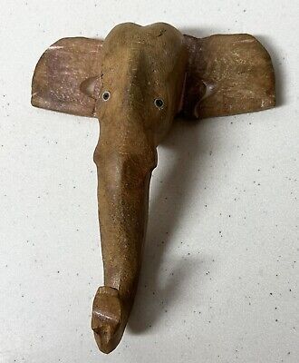 Vintage Wooden Elephant Head Wall Hook Hand Carved Folk Art 6 “