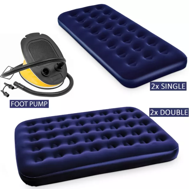 2X Double Single Flocked Camping Airbed Inflatable Mattress Blow Up Air Bed Pump