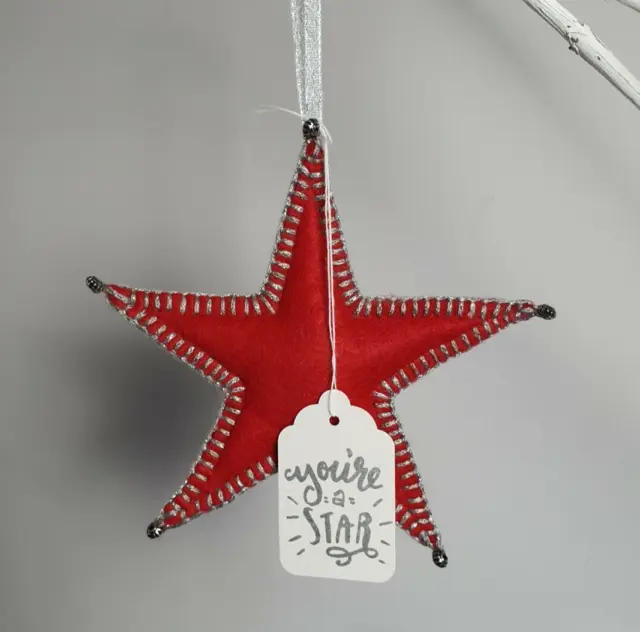 Handmade Christmas Red/silver Felt star shaped hanging Decoration with beads