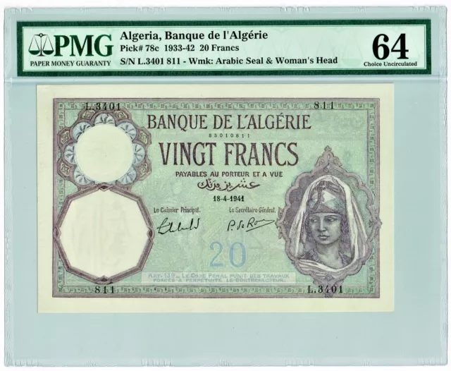 Algerien: Banque De L'Algerie 20 Franken 7.6.1941 Pick 78c. PMG Auswahl UNC 64
