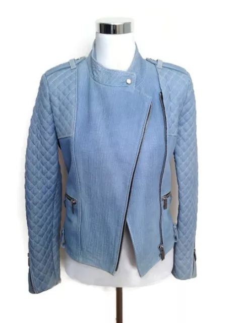 Barbara Bui Leather Jacket 40 Quilted Denim Illusion Blue Moto Biker Women's