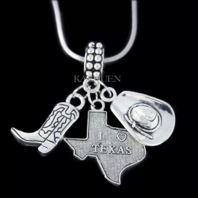 I Love Texas Southern Girls Gifts Cute State Map Cowboy boots Hat Charm Necklace